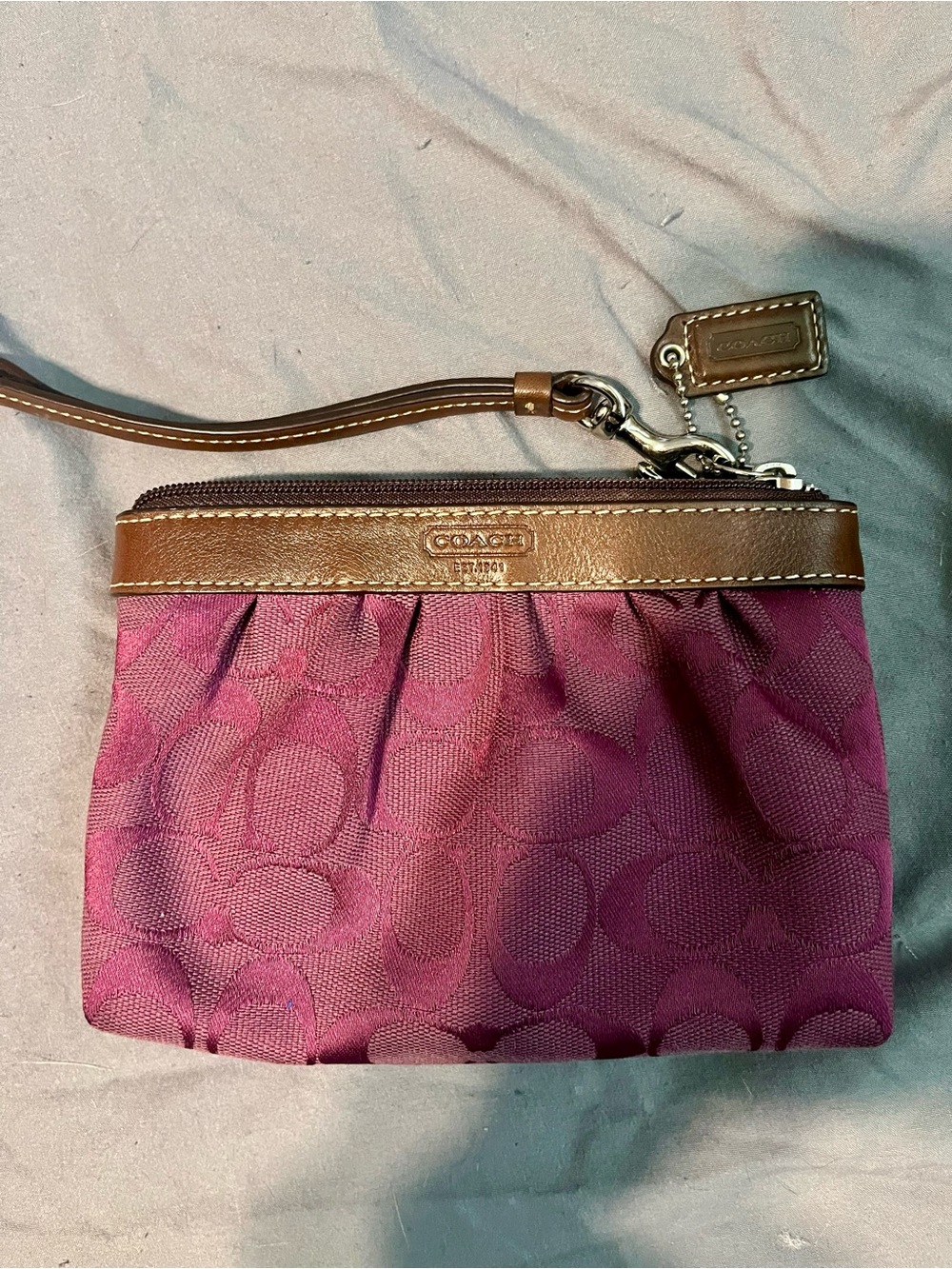 Coach Purple Signature Wristlet with Brown Leather Trim
